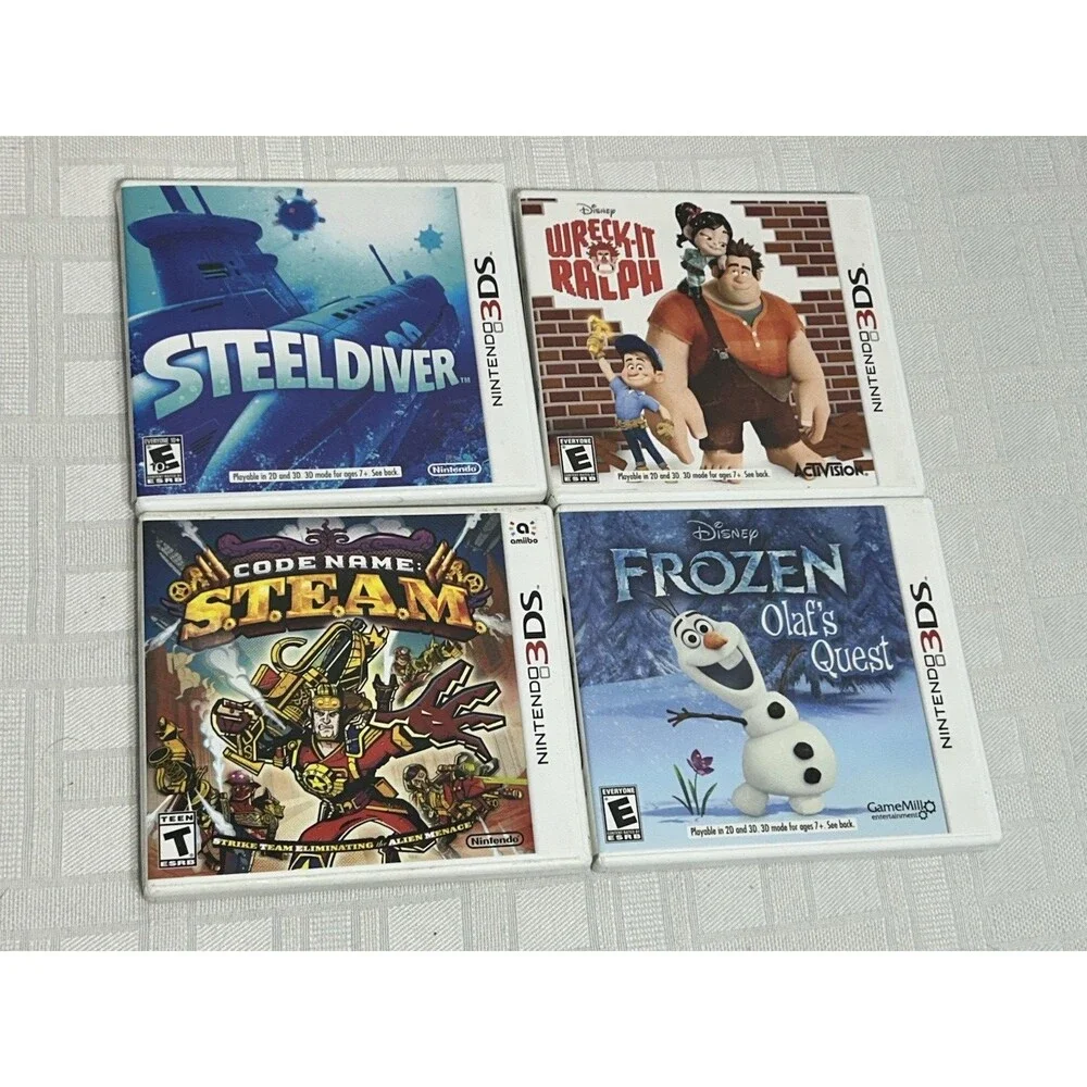 Nintendo 3DS 4 GAME LOT Steeldiver, S.T.E.A.M Wreck-It Ralph Frozen Olaf's Quest